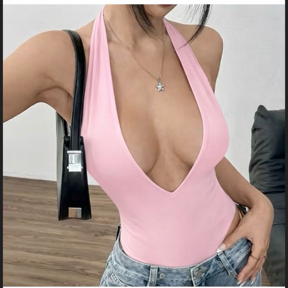 Pink deep V plunge Halter Bodysuit